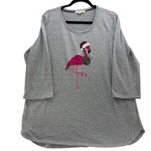 Clover Pine Women's XL Gray Christmas Flamingo Santa Knit Top 3/4 Sleeve Festive